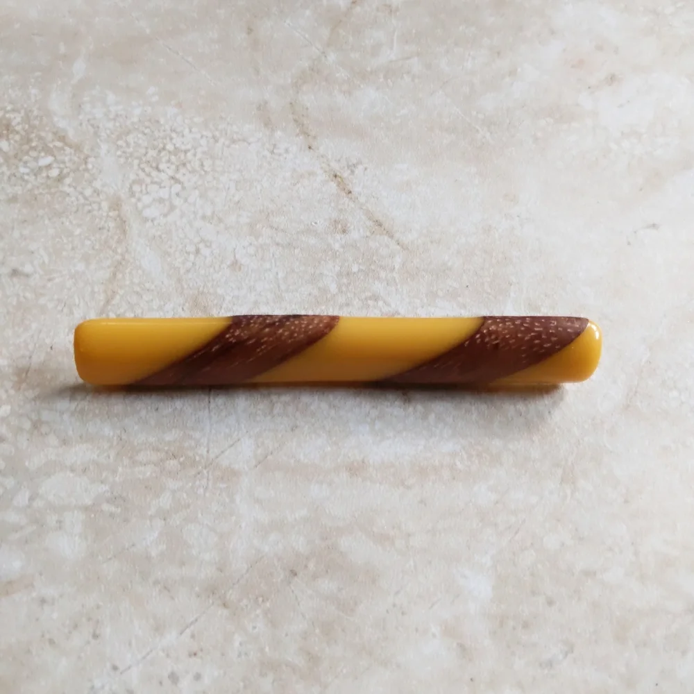 Vintage Candy Stripe Yellow & Wood Bakelite Lucite Long Pin Brooch